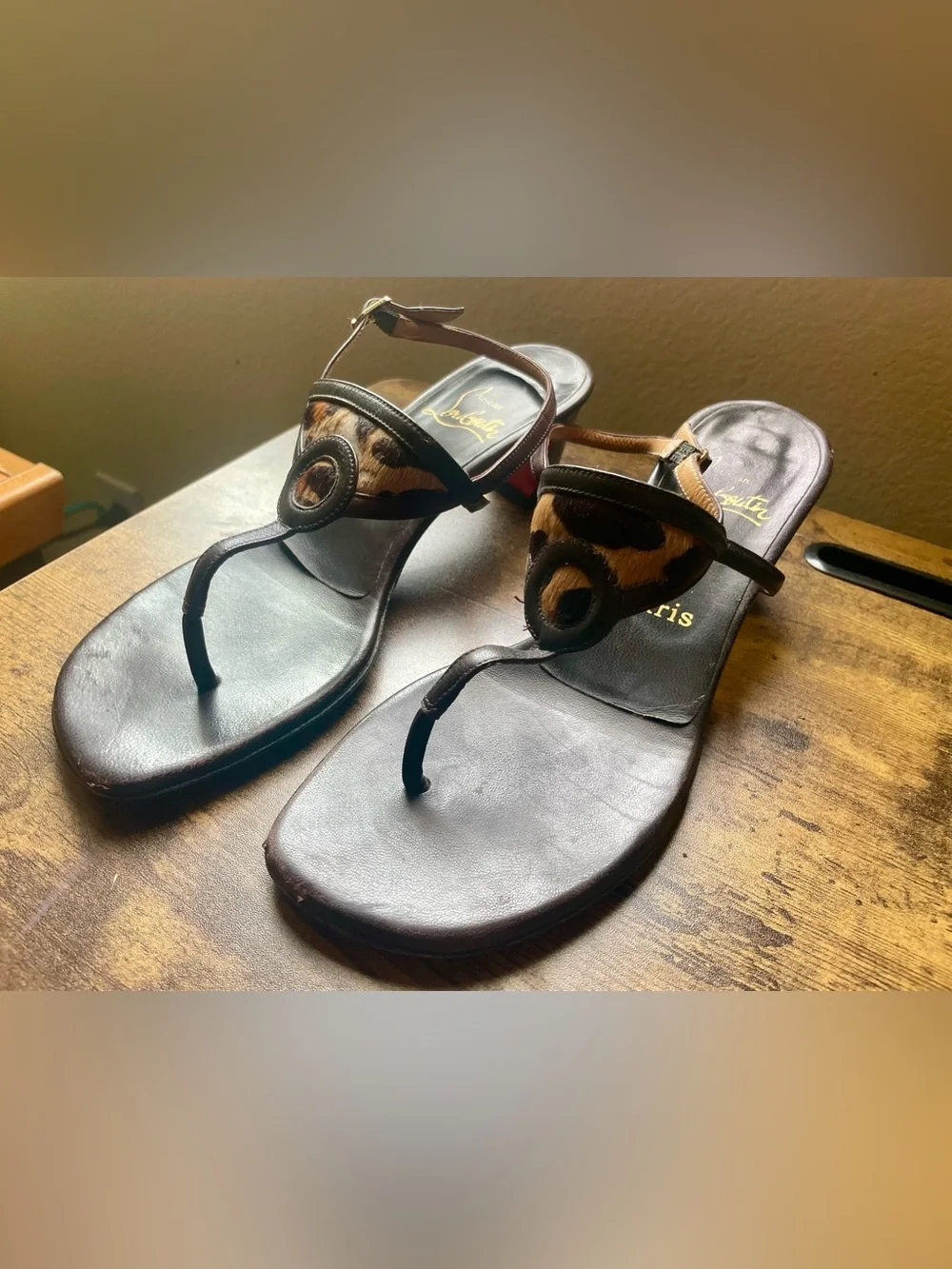 Vintage Christian Louboutin Brown Leather Thong Sandals with Leopard Accent